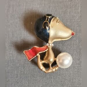 Gold-Tone Dog Brooch with Navy Helmet, Red Scarf and Pearl Accent